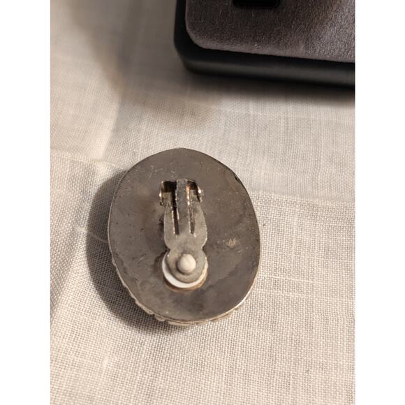 Vintage Large Chunky Bezel Set Jasper Stone Silver Tone Clip On Earrings - Picture 5 of 7